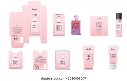 Design de embalagem, caixa de perfume de luxo, perfume de bolso, design de vídeo e modelo de creme de rosto e caixa mock up. Vetor de ilustração.