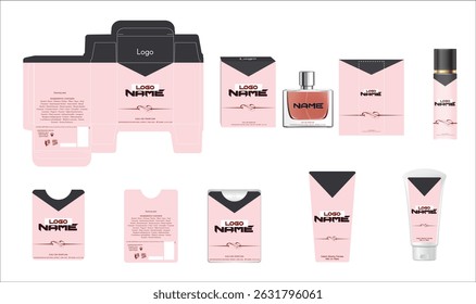 Diseño de embalaje, caja de perfume de lujo, perfume de bolsillo, diseño de deo y Plantilla de crema facial y caja de maqueta. Vector de ilustración.