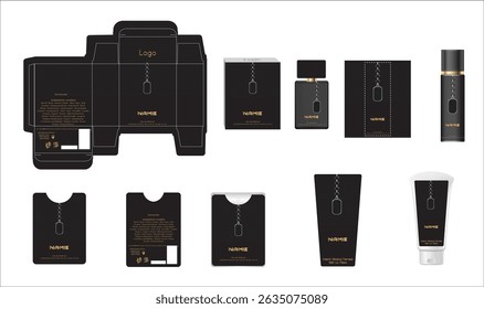 Design de embalagem, caixa de perfume de luxo, perfume de bolso, design de vídeo e modelo de creme de rosto e caixa mock up. Vetor de ilustração.