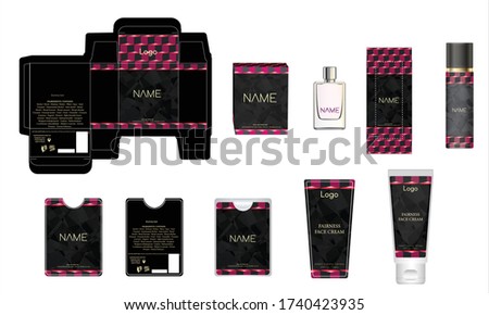 Packaging design, luxury perfume box, pocket perfume, deo design and face cream template and mock up box. Illustration vector.