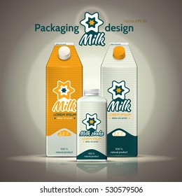 Packaging design milk. Vector illustration of a set of products and logo of orange and green