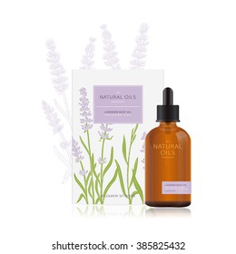 Packaging design of natural oils with lavender. Vector mockup for a bottle of essential oil and box. Organic spa cosmetics in woodcut style. Easy edit. 