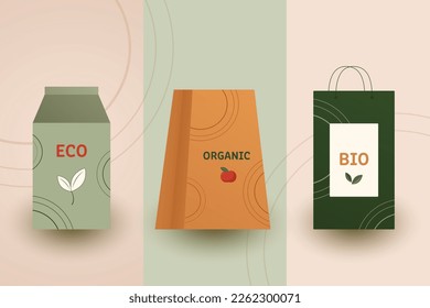 Packaging design for organic eco products. Three variants with different designs. Natural color palette.