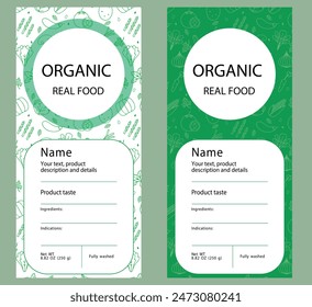 packaging design organic products. editable label template with vegetables.	