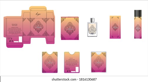 Diseño de empaque, diseño de caja de lujo de perfume y maqueta. Vector de ilustración.