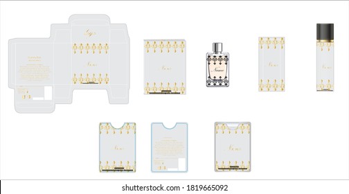 Diseño de empaque, diseño de caja de lujo de perfume y maqueta. Vector de ilustración.