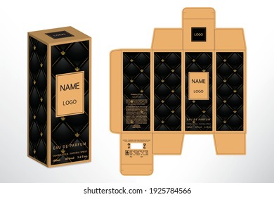 Packaging design, perfume luxury box design template, Box die line, 3d Box Mockup, and Design elements. Illustration Vector design Template.