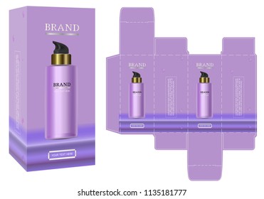 Packaging design, purple cosmetic container with luxury box design template and mockup box. Illustration vector.	