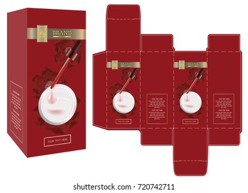 Packaging design, red flower and collagen serum drop on red background box design with mockup box. Illustration vector
