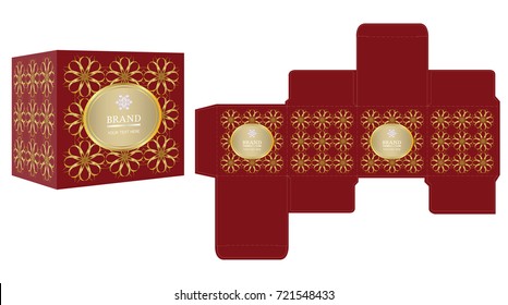 Packaging design, red and gold luxury box design template and mockup box. Illustration vector