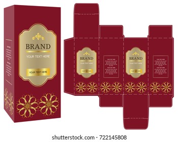 Packaging design, red and gold luxury box design template and mockup box. Illustration vector