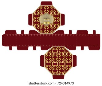 Packaging design, red and gold luxury 8-sided box design template. Illustration vector