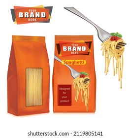 Packaging design for spaghetti.Vector Spaghetti and Packaging Template Isolated on White Background