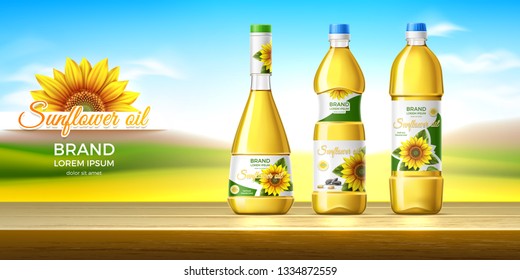 Packaging design of sunflower oil. Splash effect. Summer landscape. Wooden table. Realistic vector illustration svg