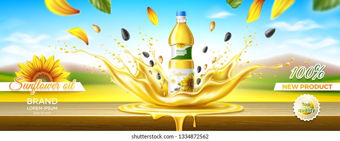 Packaging design of sunflower oil. Splash effect. Summer landscape. Wooden table. Realistic vector illustration svg