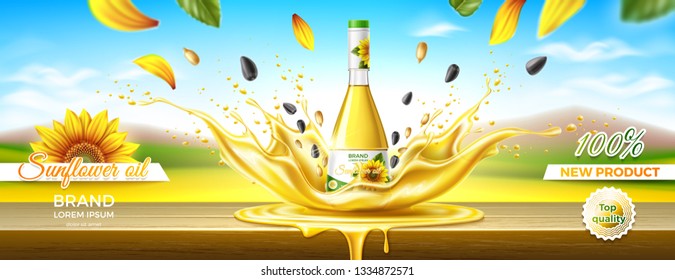 Packaging design of sunflower oil. Splash effect. Summer landscape. Wooden table. Realistic vector illustration