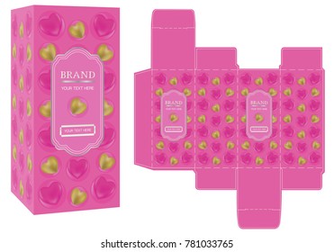 Packaging design, sweet pink Valentine concept box design template and mockup box. illustration vector.