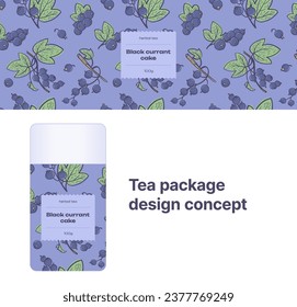 Diseño de empaque de un té. Plantilla de etiqueta de producto vectorial con ornamento de berry. Buena comida, bebida, cosméticos, etc. 