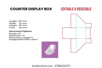 Packaging design template for a counter display box showing flat layout with dimensions and 3D view.