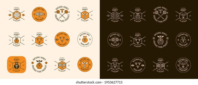 Packaging design template for honey. Two collections of labels, one in gold and the other in vintage style. Set of vector stickers.