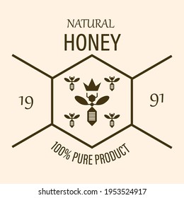 Packaging design template for honey. Vintage style label. Vector image of a queen bee and a bee swarm. Natural organic honey from wild flowers.