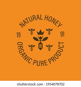 Packaging design template for honey. Vintage style label. Vector image of a queen bee and a bee swarm. 