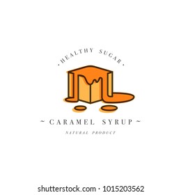 Packaging design template logo and emblem - syrup and topping - piece of sweet caramel. Logo in trendy linear style