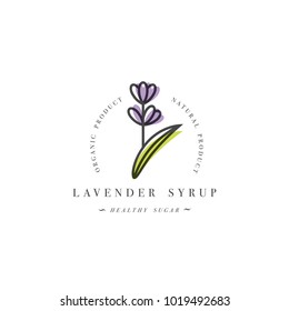 Packaging design template logo and emblem - syrup and topping - lavender branch. Logo in trendy linear style