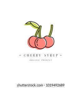 Packaging design template logo and emblem - syrup and topping - cherry branch. Logo in trendy linear style