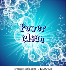 packaging design template for washing powder. Super clean. Soap bubbles, foam. Vector illustration.