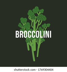 Packaging design with the text "Broccolini" and green broccolini on a dark background.