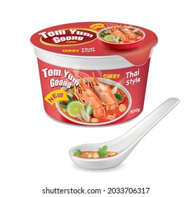 Packaging design of Tom Yum Goong cup with spoon.illustration vector