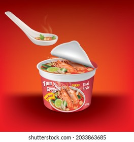 Packaging design of Tom Yum Goong cup with spoon on red background.illustration vector