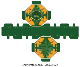 Packaging design, tropical concept, luxury 8-sided box design template. Illustration vector