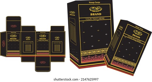 Packaging design vector, black luxury box template with traditional toraja batik illustration