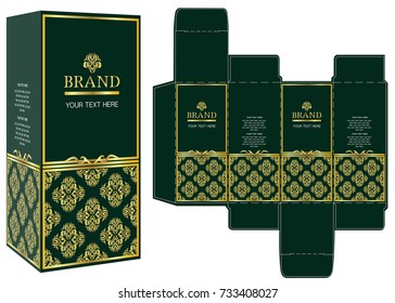 Packaging design vector, green and gold luxury box template and mock-up box.