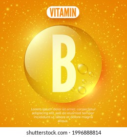 Packaging design for vitamin B complex. Shiny golden round drop. Vector illustration.