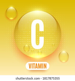 Packaging Design For Vitamin Complex. Vitamin C Capsule. Shiny Golden Round Drop. Vector Illustration.