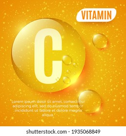 Packaging Design For Vitamin Complex. Vitamin C Capsule. Shiny Golden Round Drop. Vector Illustration.