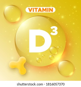 Packaging design for vitamin complex. Vitamin D3 capsule. Shiny golden round drop. Vector illustration.