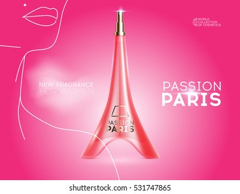 Packaging design women perfume, red bottle, silhouette of a female neck. Passion paris. 3d vector illustration