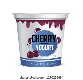 Packaging design yogurt with cherry. Vector isolated on white background. Plastic container for cherry yogurt and dessert.