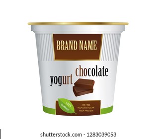 Packaging design yogurt with chocolate. Vector isolated on white background. Design for chocolate yogurt and dessert.