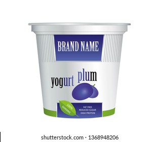 Packaging design yogurt with plum. Vector isolated on white background. Plastic container for plum yogurt and dessert.