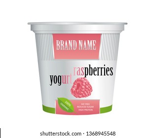 Packaging design yogurt with raspberries. Vector isolated on white background. Plastic container for raspberries yogurt and dessert.