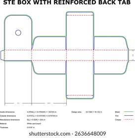Packaging die-cut template featuring reinforced back tab design for product branding and manufacturing