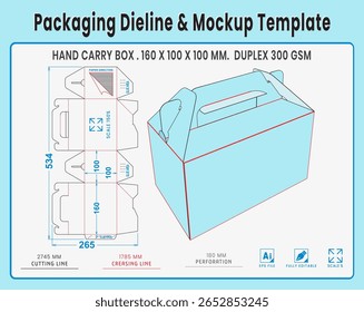 Empacotando Dieline e Modelo de Modelo. Caixa De Transporte De Mão. Forma e Dimensão Reais Dieline. Modelo de Modelo. Vetor totalmente editável. Os comprimentos de corte de morrer equipados preparados para a produção.