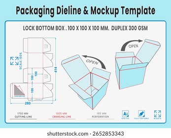 Empacotando Dieline e Modelo de Modelo. Bloquear Caixa Inferior. Forma e Dimensão Reais Dieline. Modelo de Modelo. Vetor totalmente editável. Os comprimentos de corte de morrer equipados preparados para a produção.