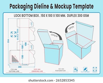 Empacotando Dieline e Modelo de Modelo. Bloquear Caixa Inferior. Forma e Dimensão Reais Dieline. Modelo de Modelo. Vetor totalmente editável. Os comprimentos de corte de morrer equipados preparados para a produção.