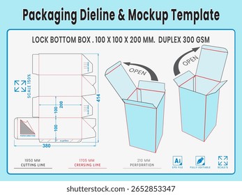 Empacotando Dieline e Modelo de Modelo. Bloquear Caixa Inferior. Forma e Dimensão Reais Dieline. Modelo de Modelo. Vetor totalmente editável. Os comprimentos de corte de morrer equipados preparados para a produção.